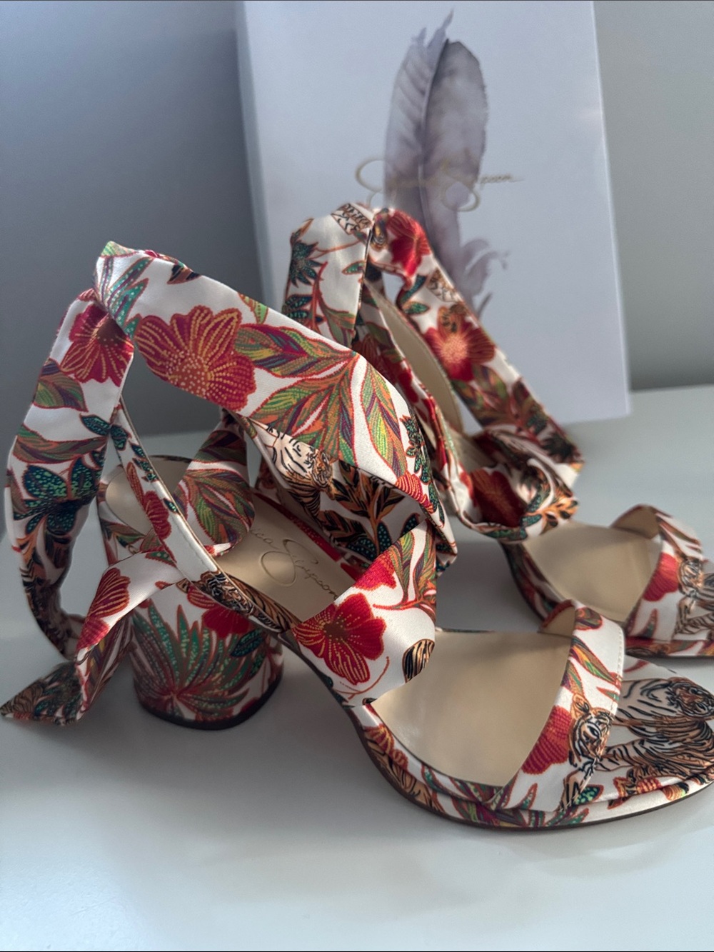 Jessica Simpson Floral Satin Tie-Ankle Block Heels - Ivory/Red/Green in box